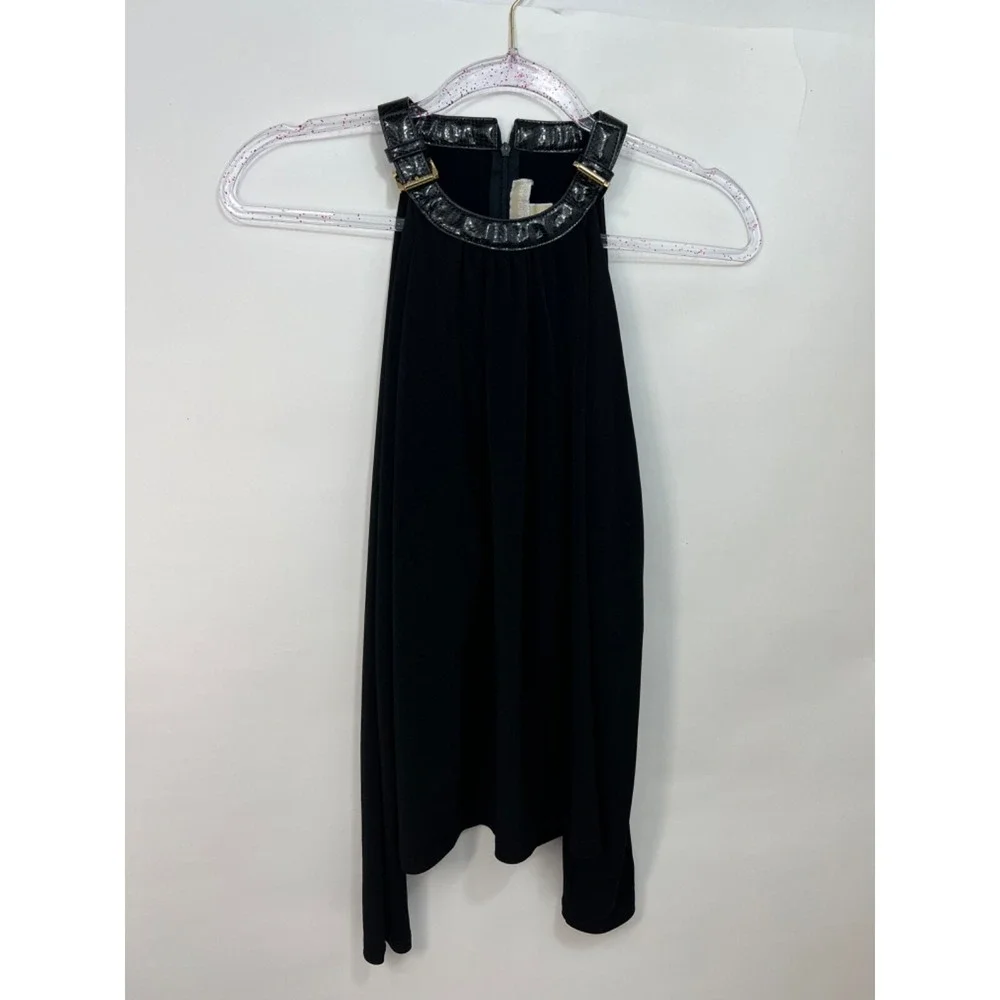 Michael Kors Blk Cold Shoulder Blouse Top Shirt‎ with Buckle Collar Accent Sz XS